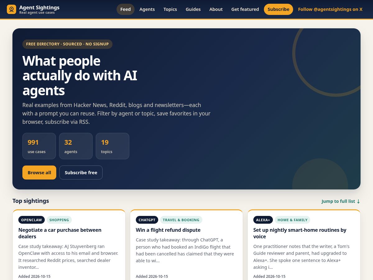 Landing-page snapshot of agentsightings.com