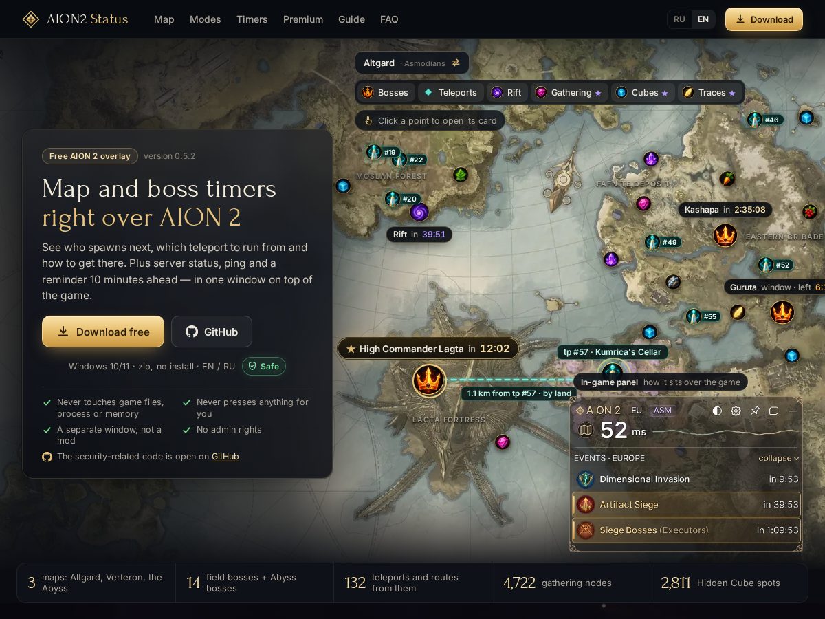 Landing-page snapshot of aion2status.com
