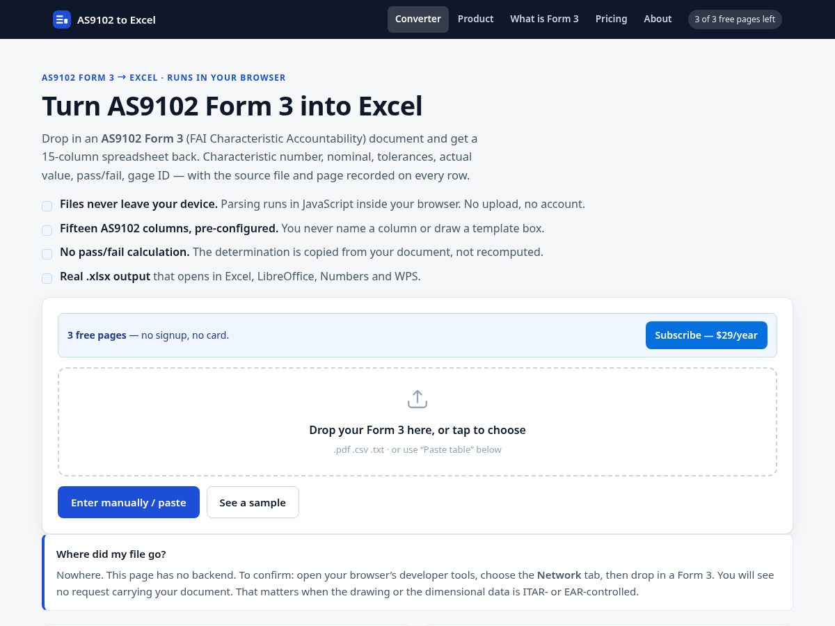 Landing-page snapshot of as9102toexcel.com