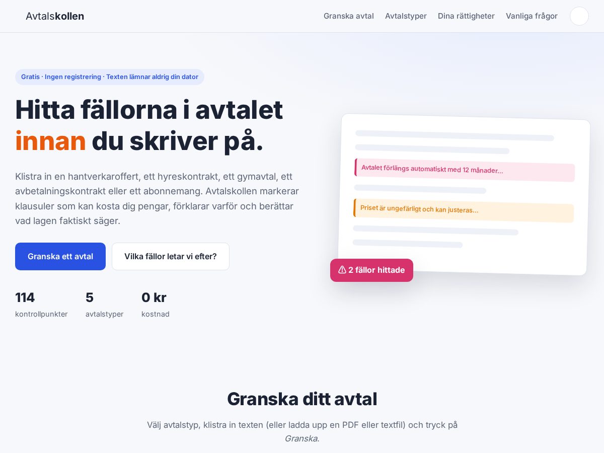Landing-page snapshot of avtalskollen.info