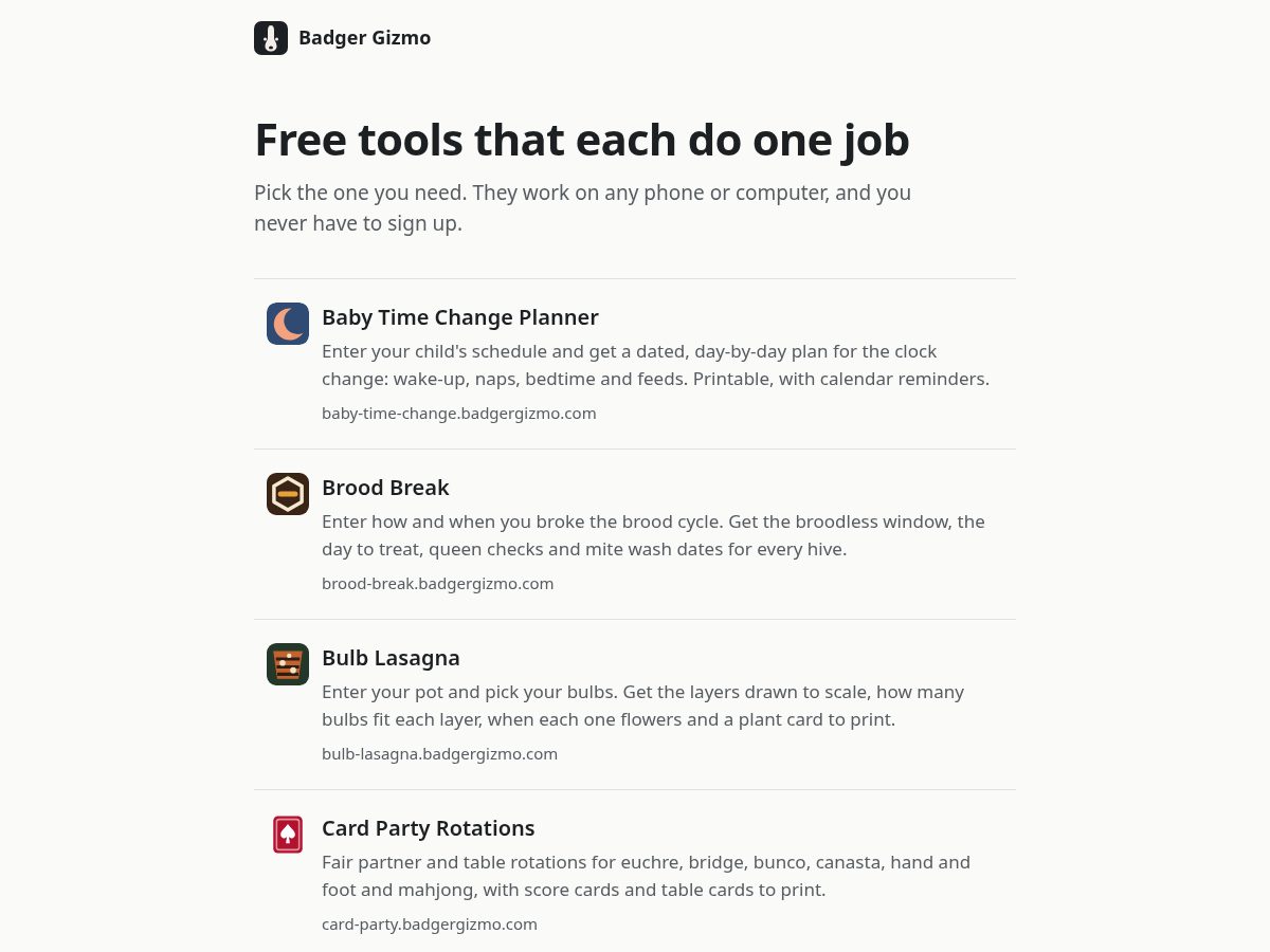 Landing-page snapshot of badgergizmo.com