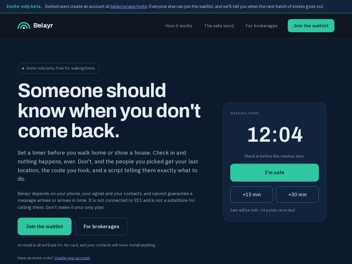 Landing-page snapshot of belayr.app