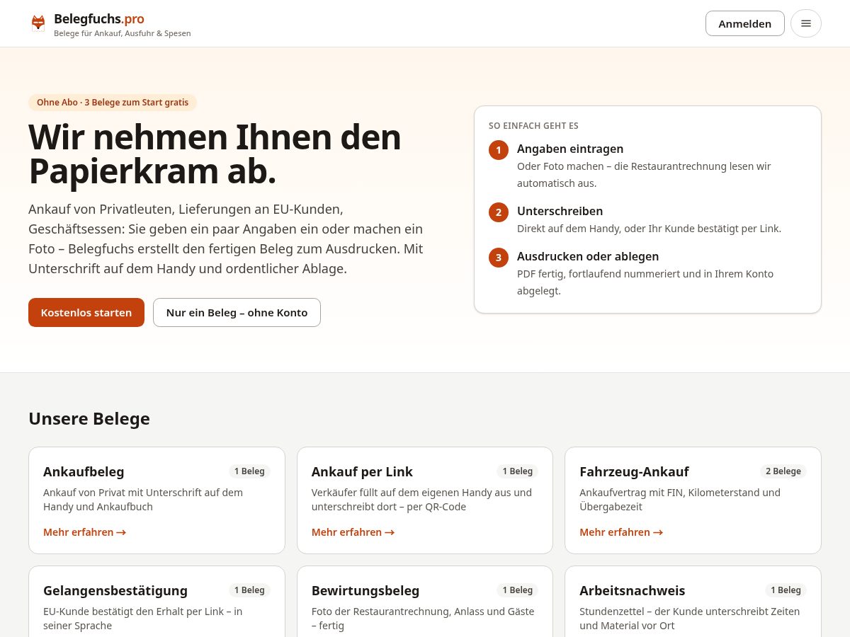 Landing-page snapshot of belegfuchs.pro