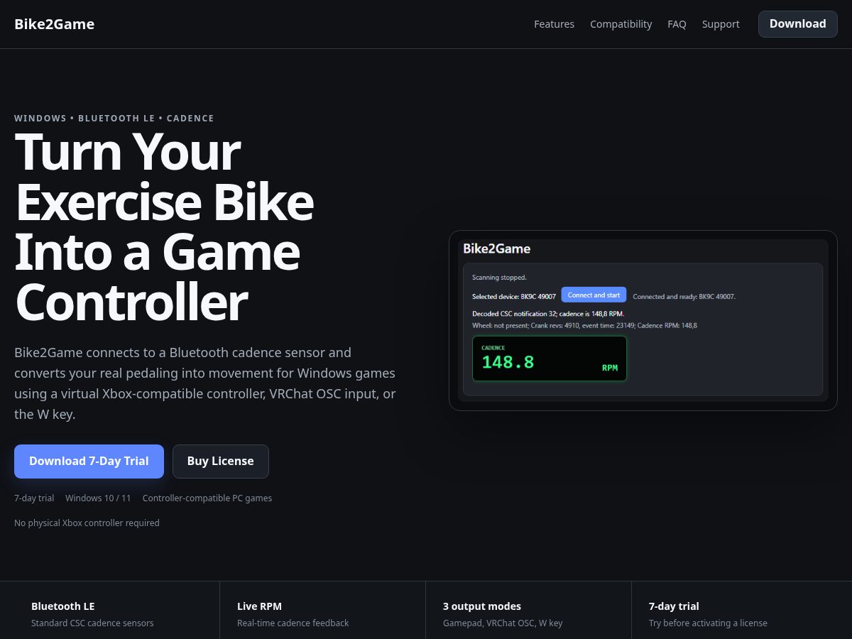 Landing-page snapshot of bike2game.download
