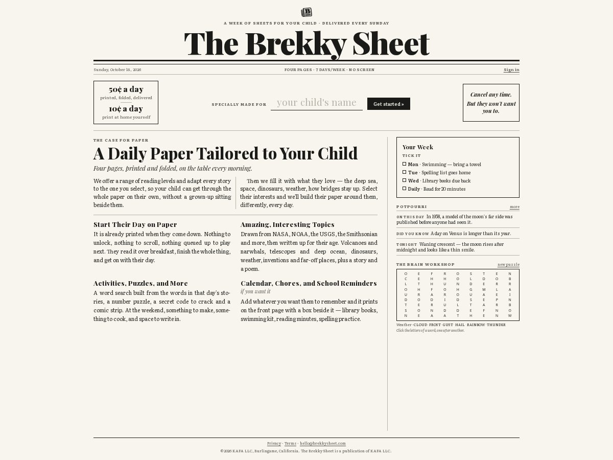Landing-page snapshot of brekkysheet.com