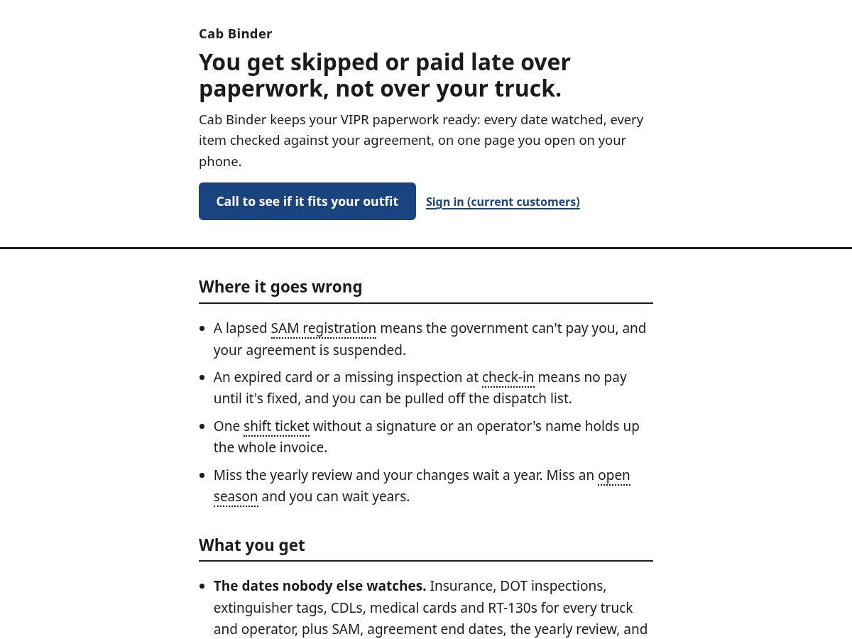 Landing-page snapshot of cabbinder.org
