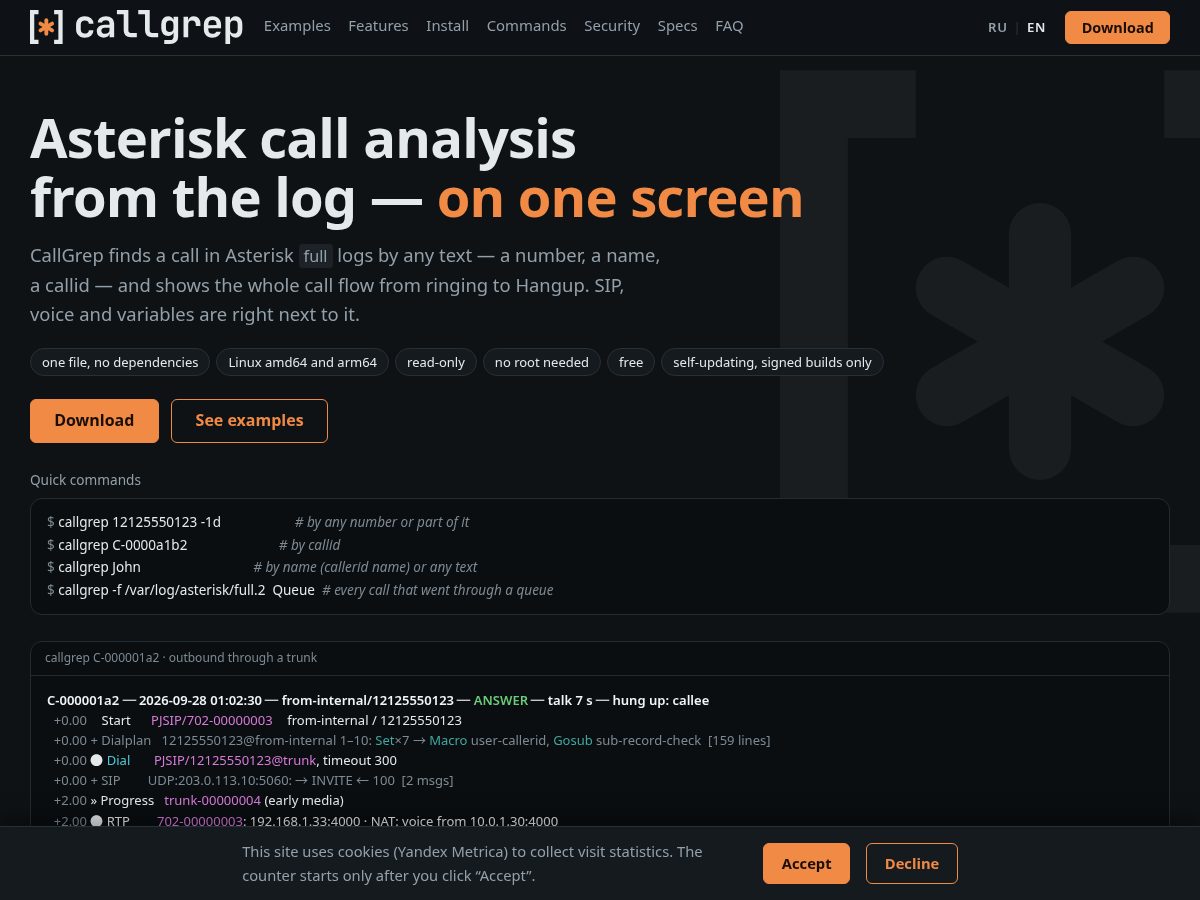 Landing-page snapshot of callgrep.com