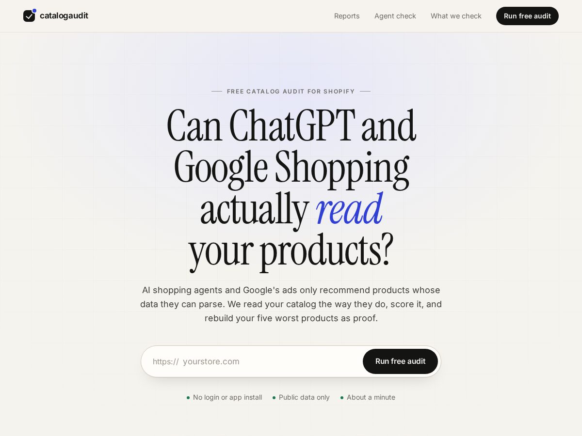 Landing-page snapshot of catalogaudit.app