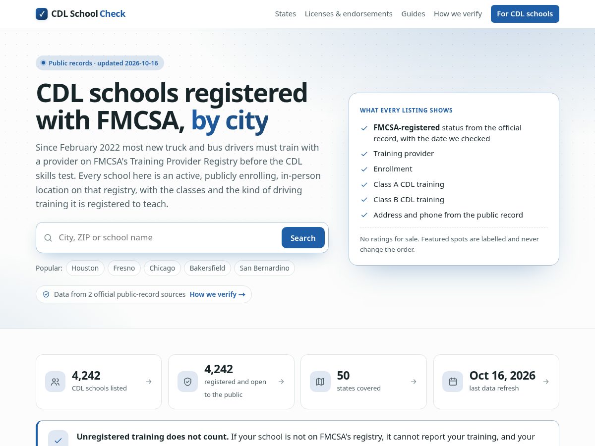 Landing-page snapshot of cdlschoolcheck.com