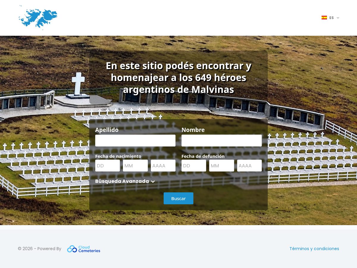 Landing-page snapshot of cementeriodemalvinas.com