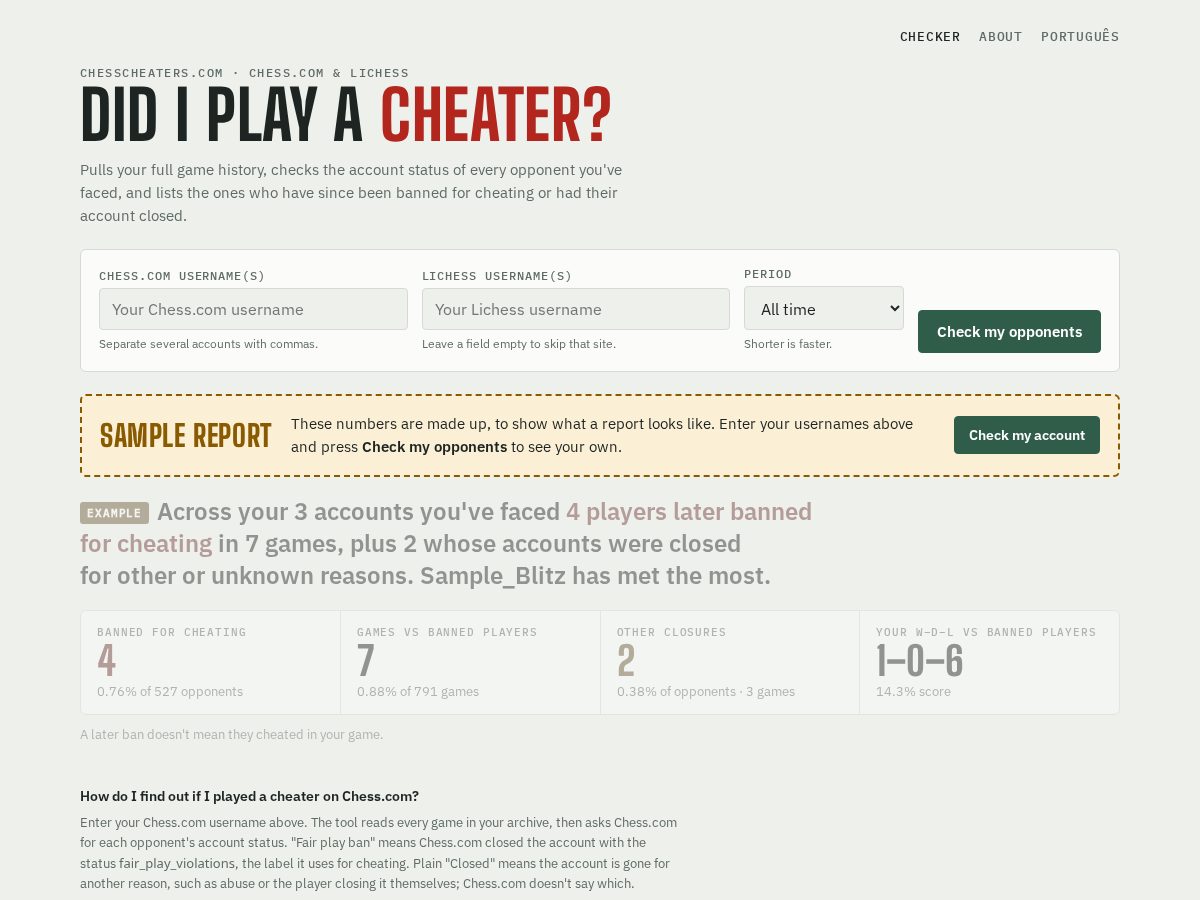 Landing-page snapshot of chesscheaters.com