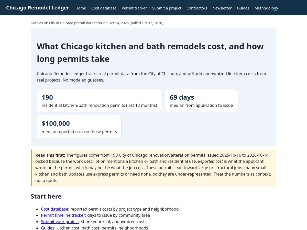 Landing-page snapshot of chicagoremodelledger.com