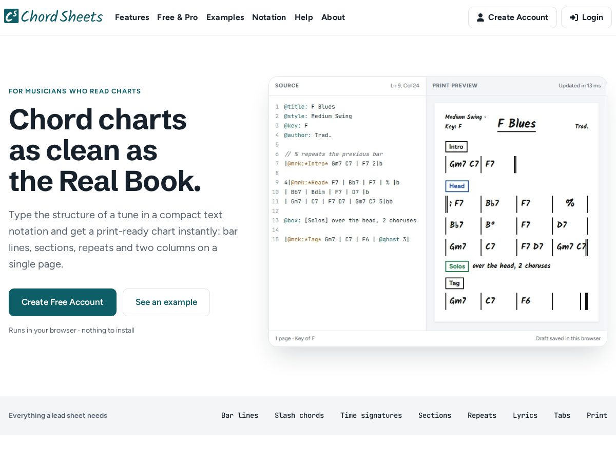 Landing-page snapshot of chordsheetseditor.com