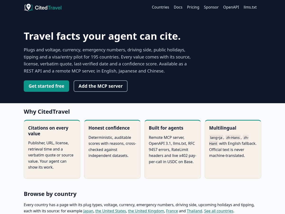 Landing-page snapshot of citedtravel.dev