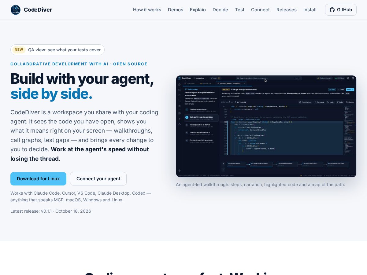 Landing-page snapshot of codediver.app