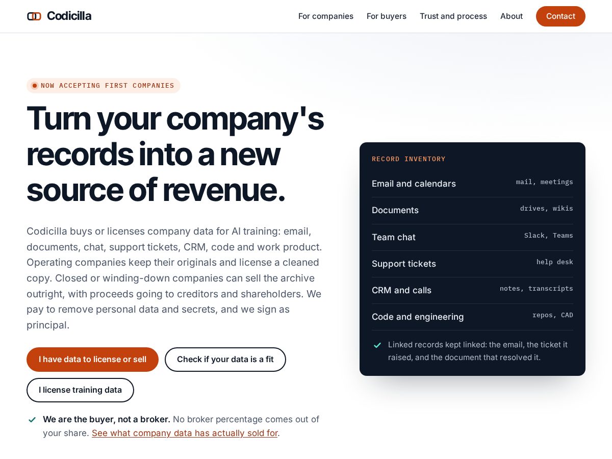 Landing-page snapshot of codicilla.com