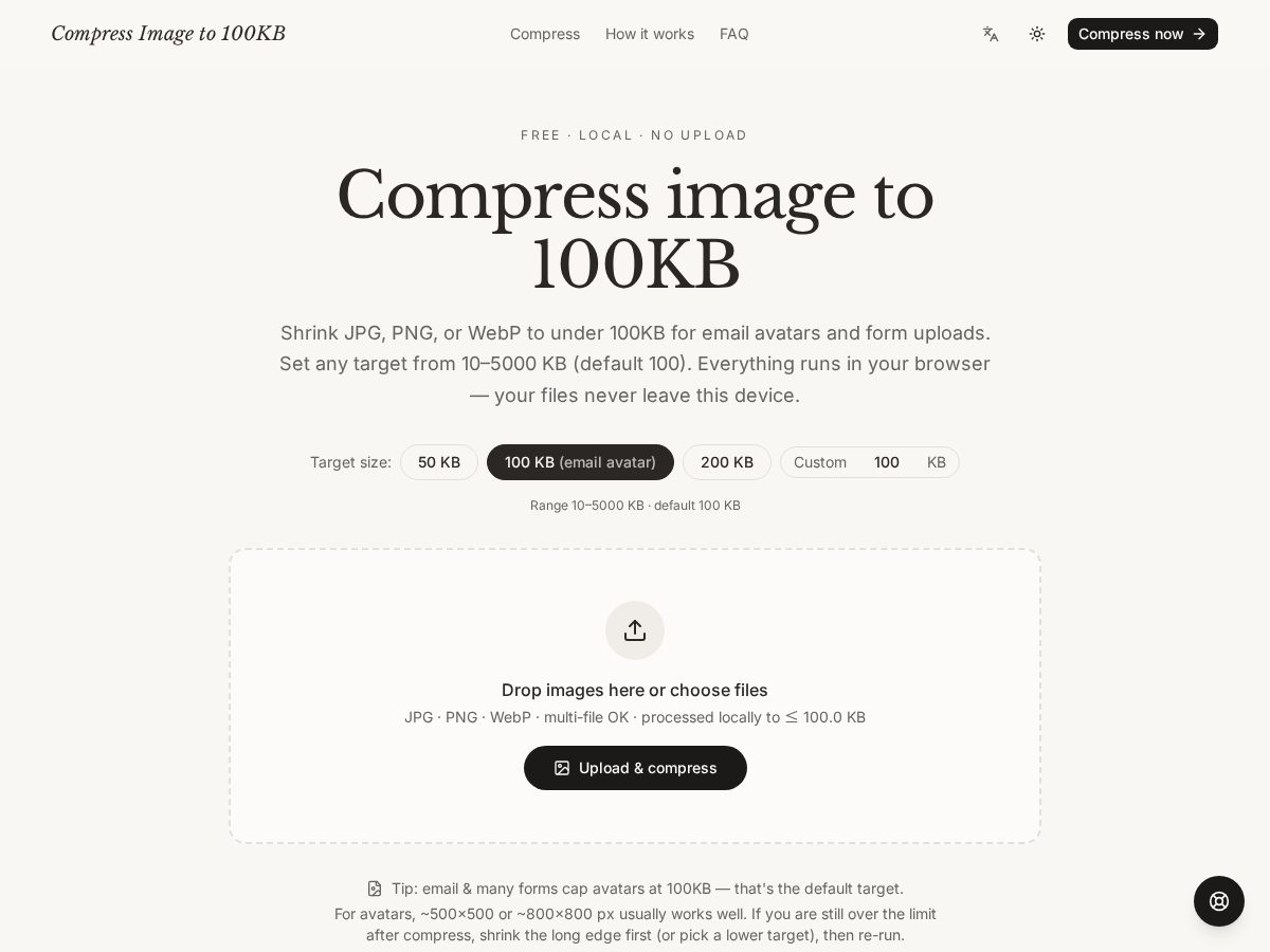Landing-page snapshot of compressimageto100kb.online