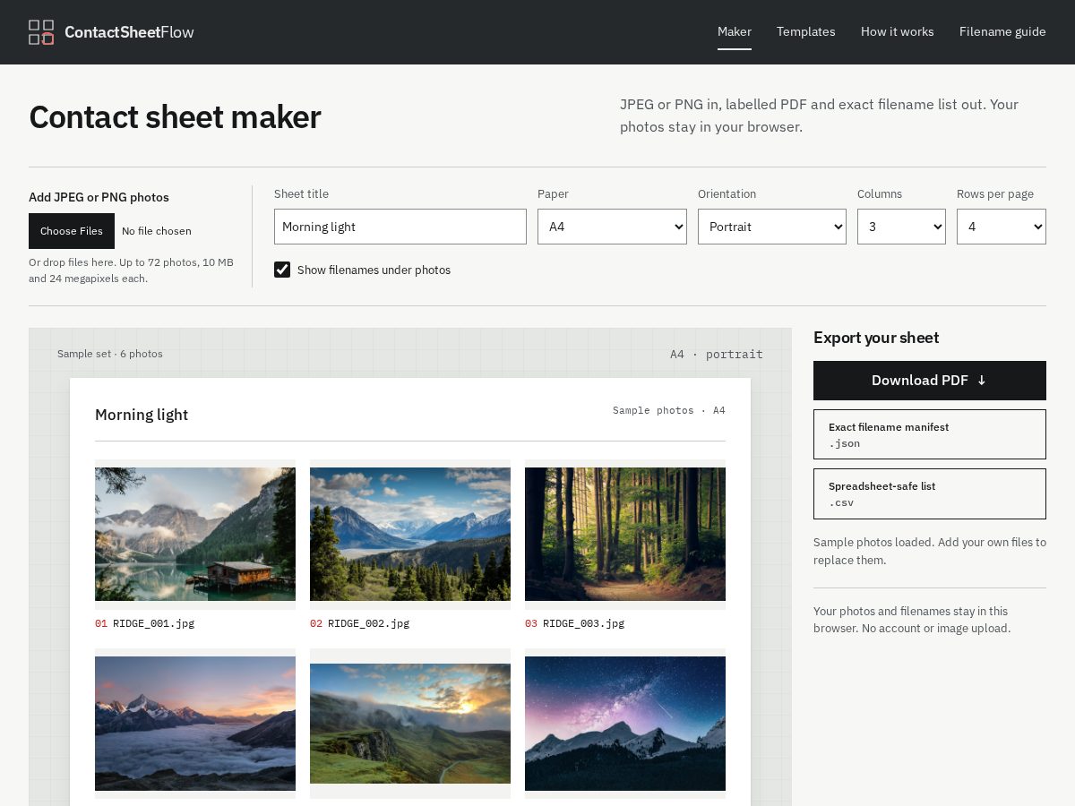 Landing-page snapshot of contactsheetflow.com