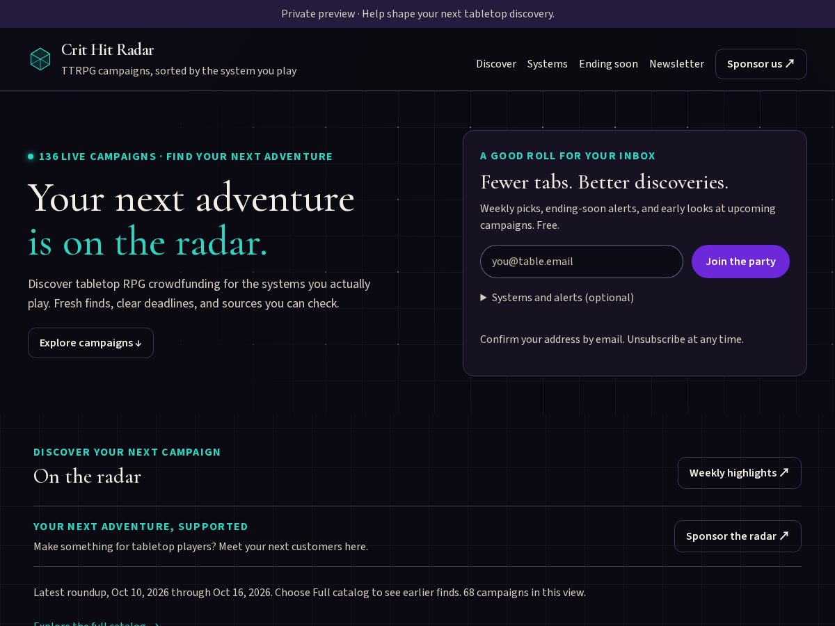 Landing-page snapshot of crithitradar.com