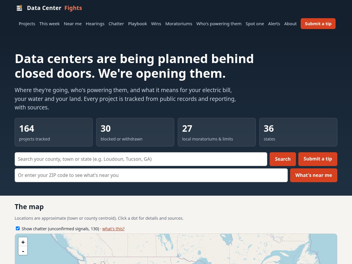 Landing-page snapshot of datacenterfights.com
