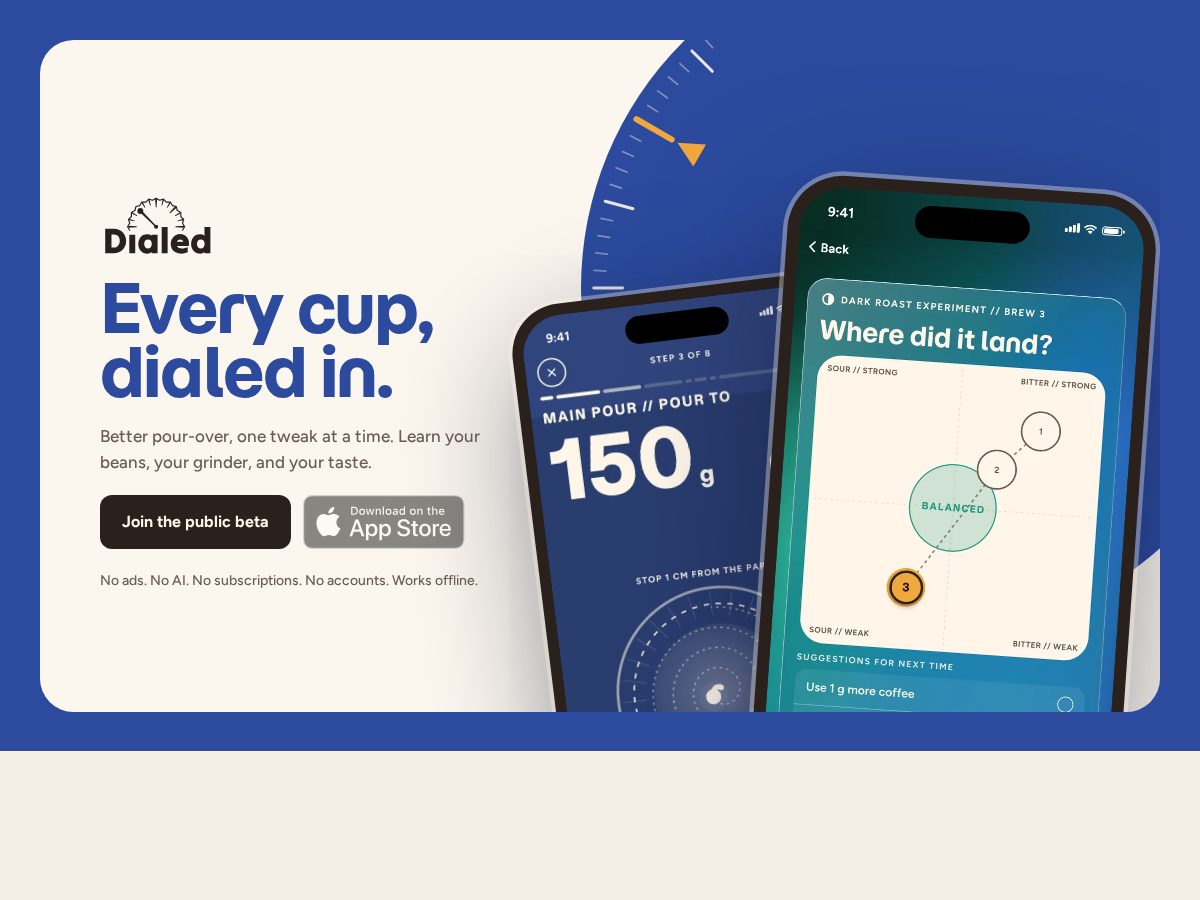 Landing-page snapshot of dialedbeans.app