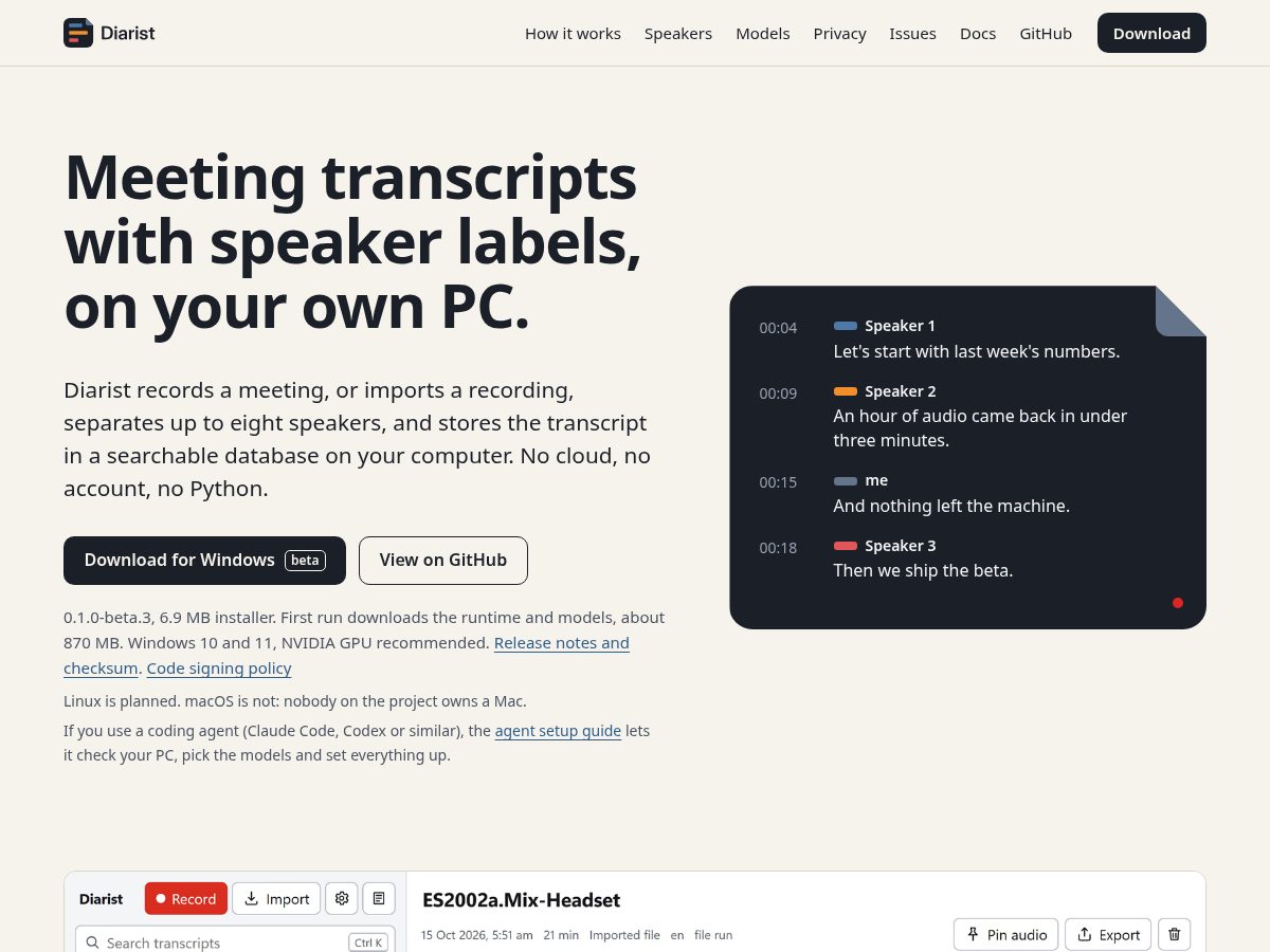 Landing-page snapshot of diarist.dev