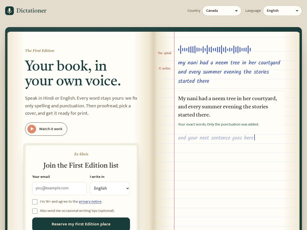 Landing-page snapshot of dictationer.net