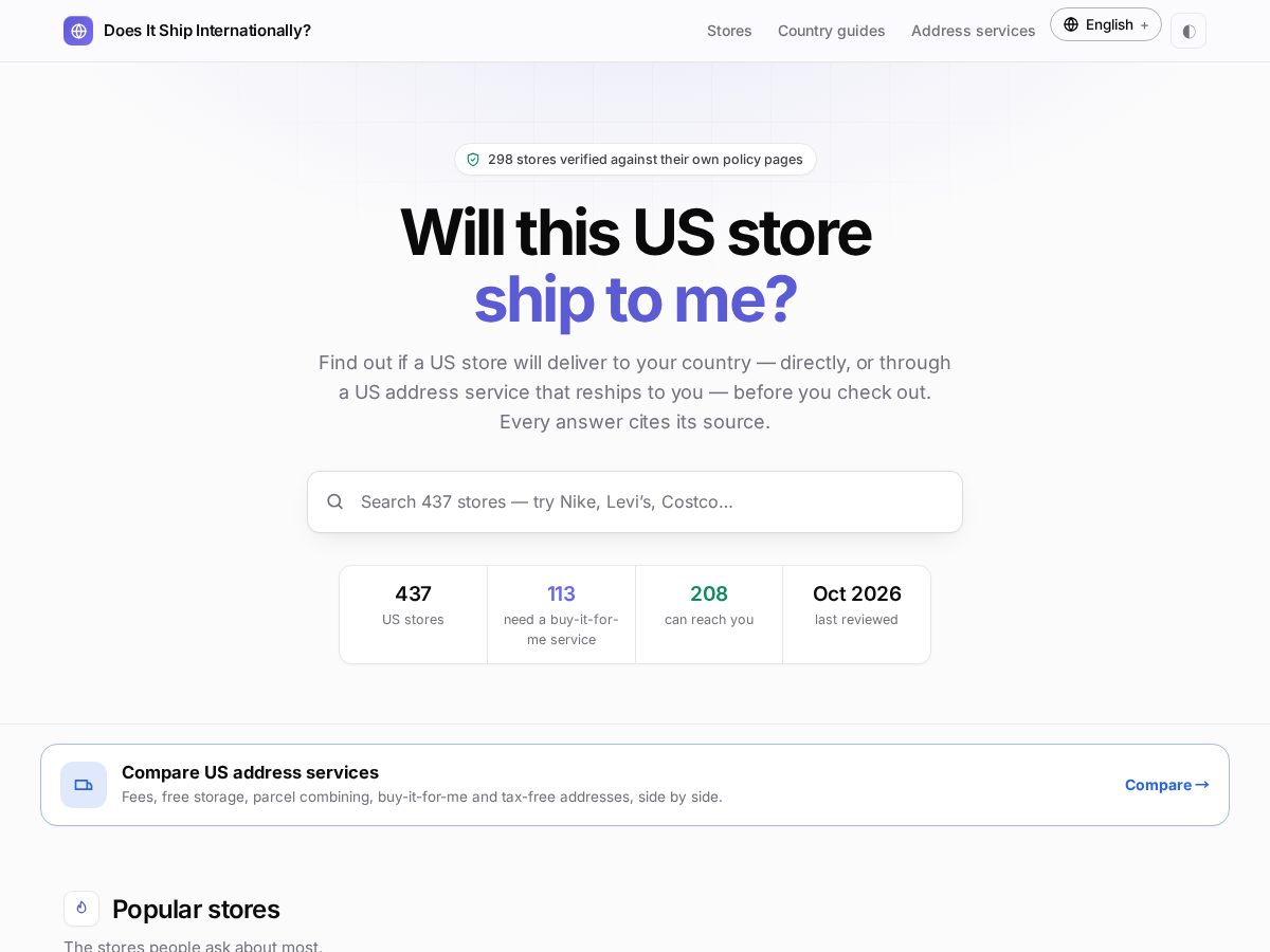 Landing-page snapshot of doesitshipinternationally.com