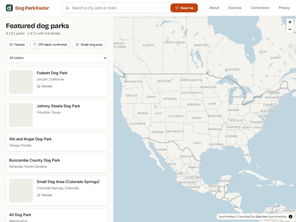 Landing-page snapshot of dogparkradar.com