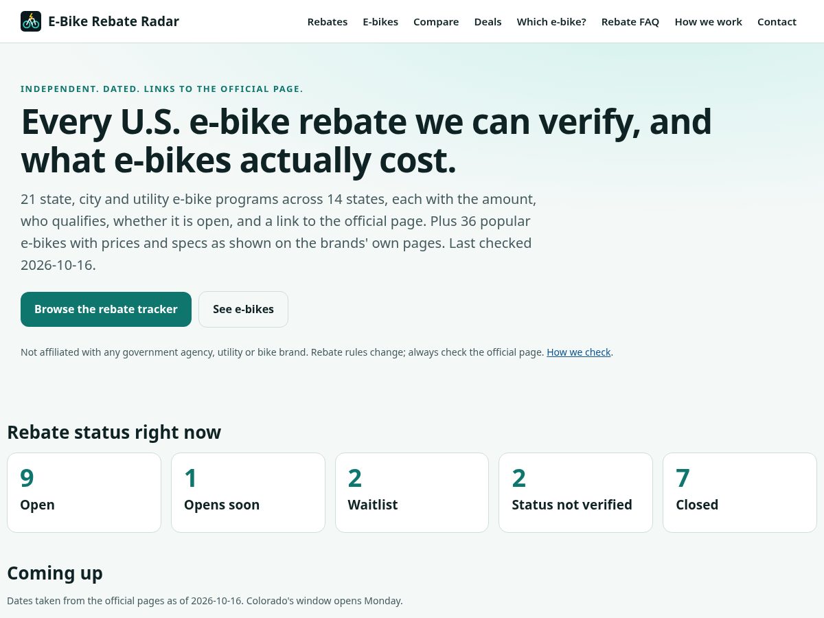 Landing-page snapshot of ebikerebateradar.com