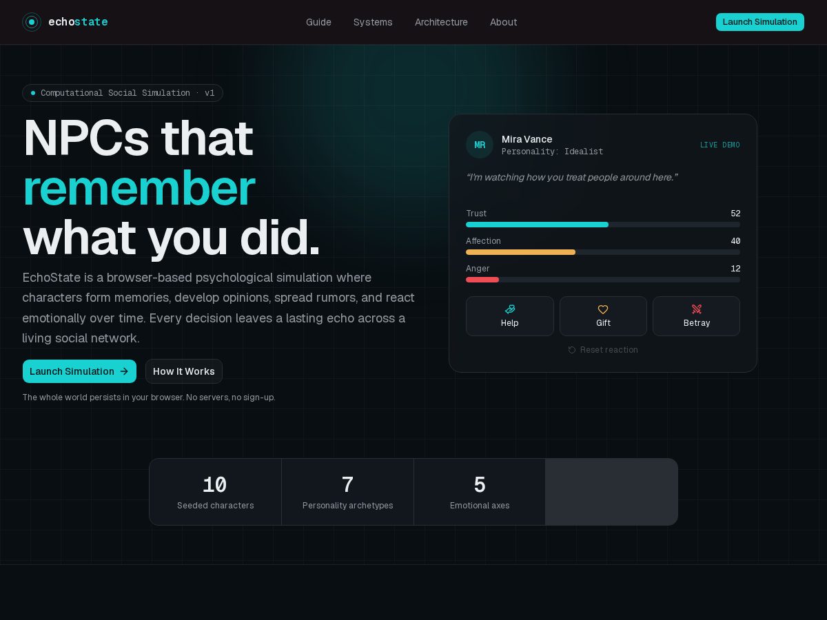 Landing-page snapshot of echostate.dev