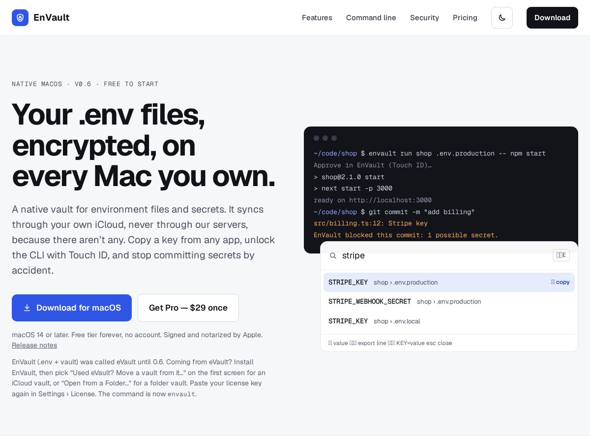 Landing-page snapshot of envault.app