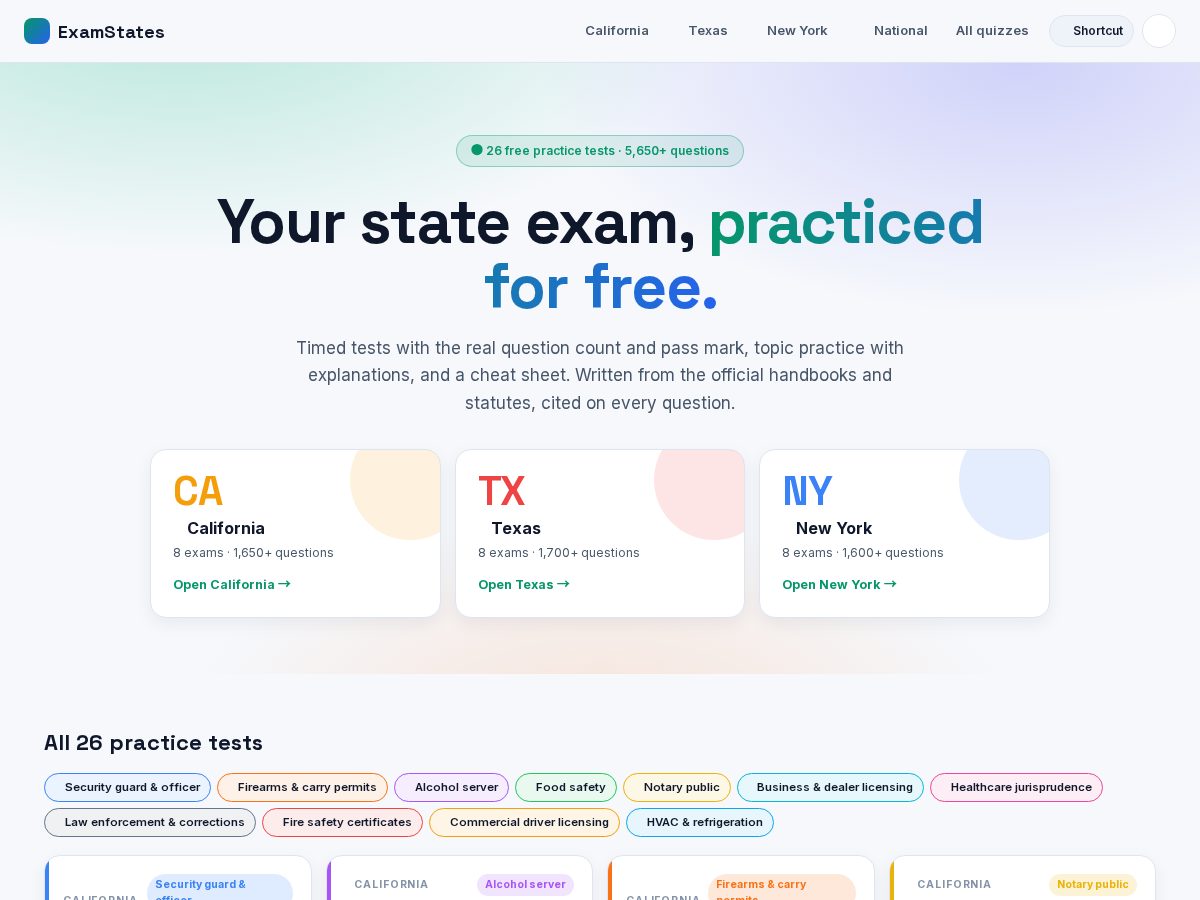 Landing-page snapshot of examstates.com