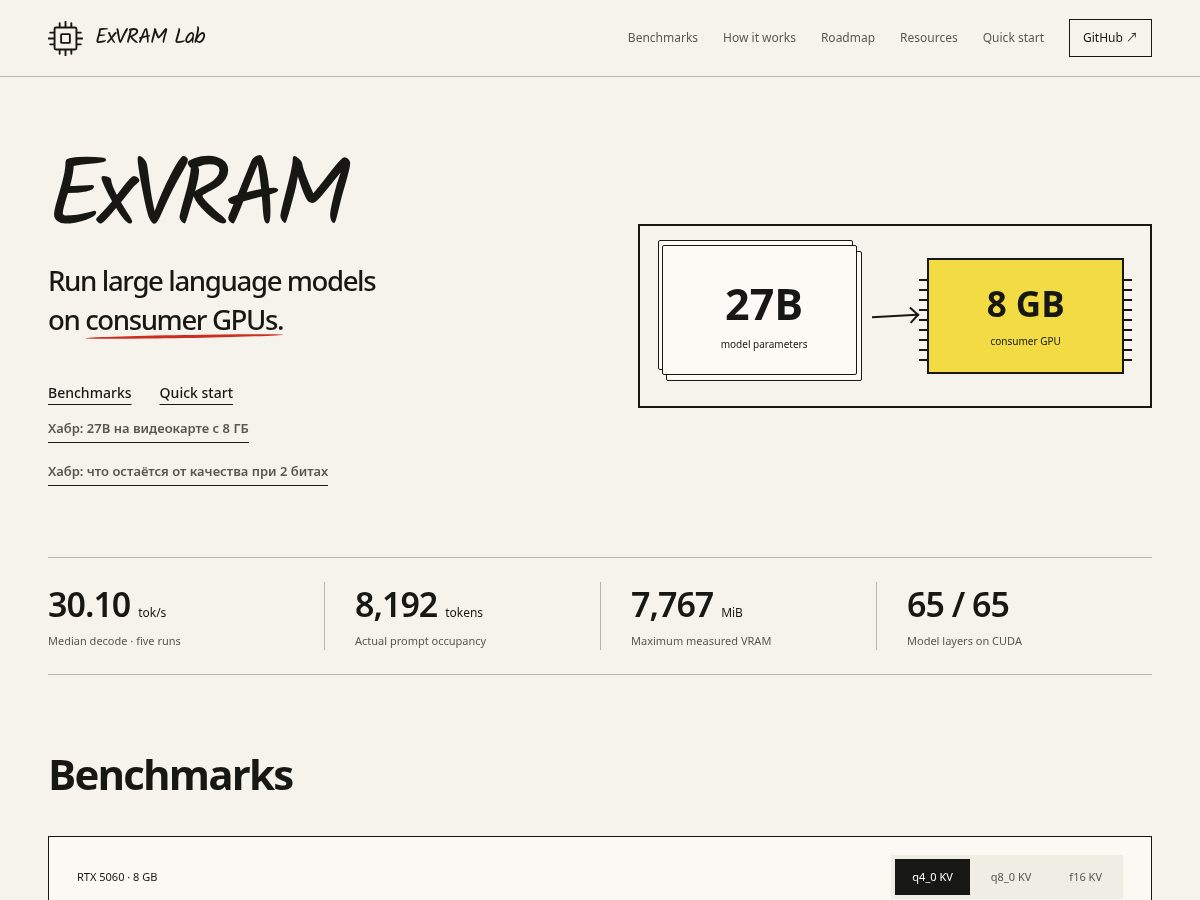Landing-page snapshot of exvram.pro