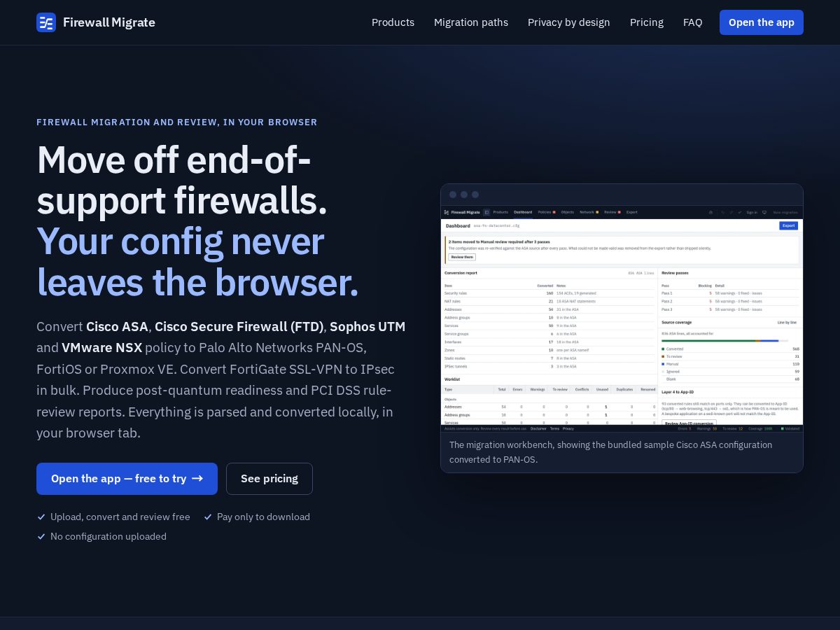 Landing-page snapshot of firewallmigrate.com