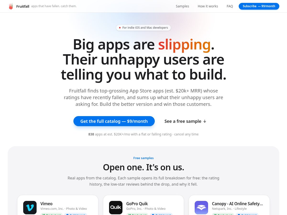 Landing-page snapshot of fruitfall.app