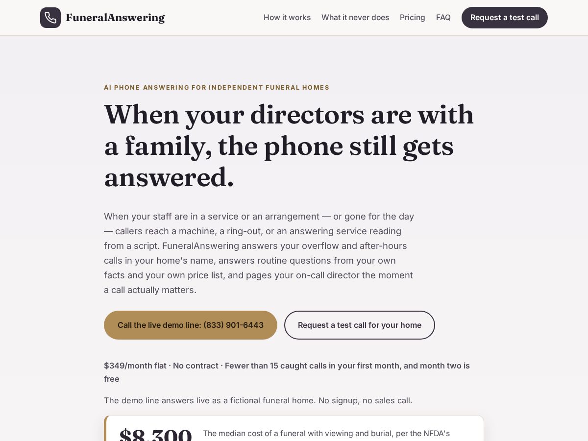 Landing-page snapshot of funeralanswering.com