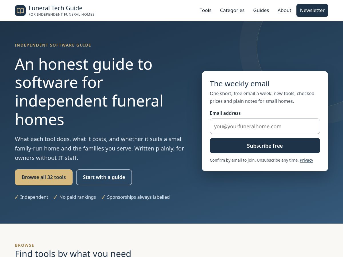 Landing-page snapshot of funeraltechguide.com