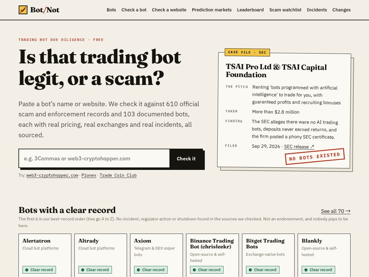 Landing-page snapshot of getbotornot.com