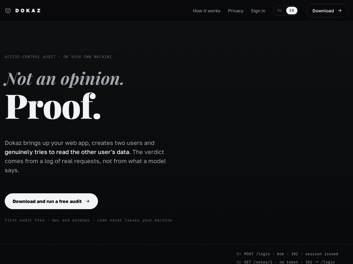 Landing-page snapshot of getdokaz.com