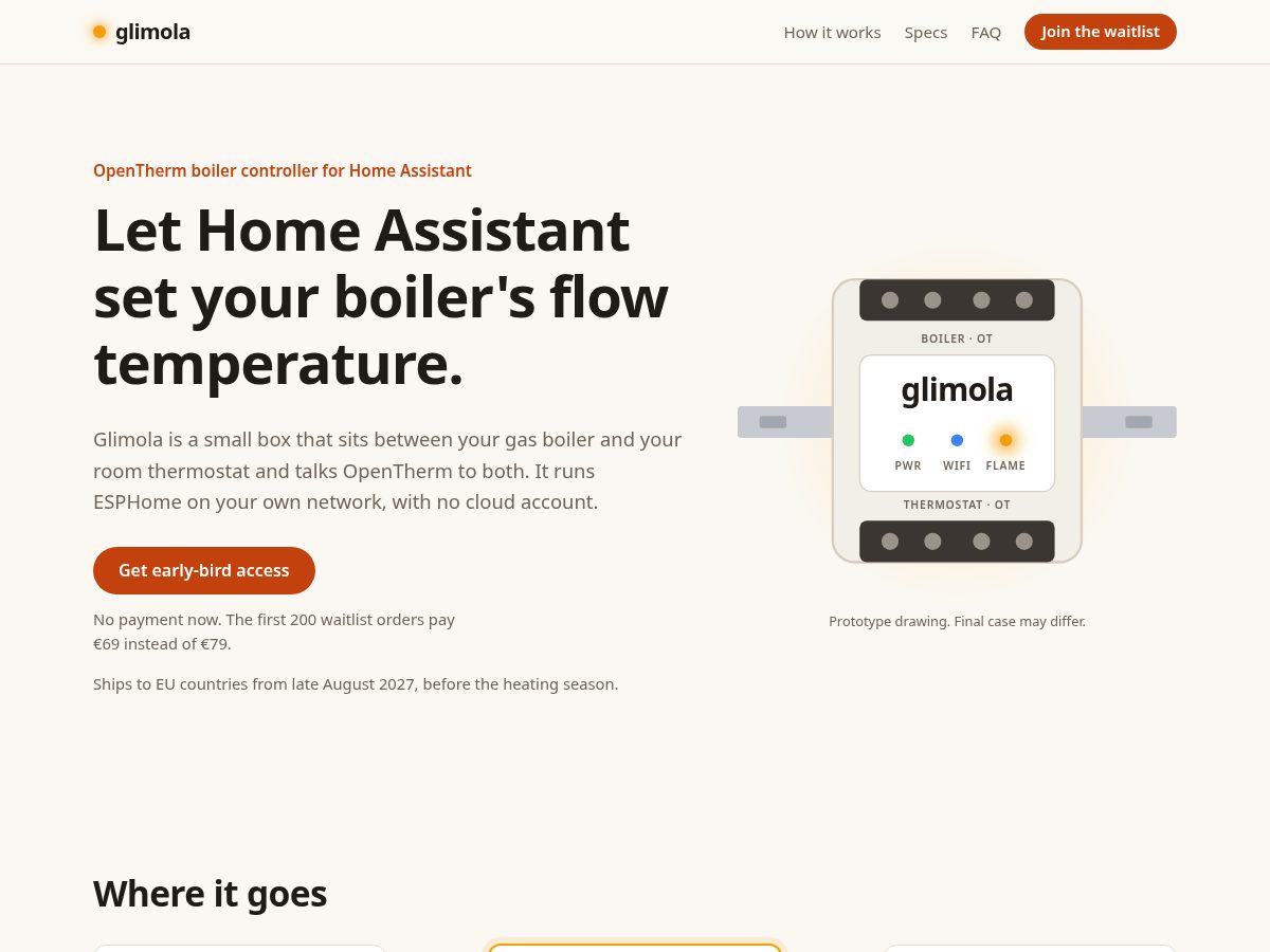 Landing-page snapshot of glimola.com