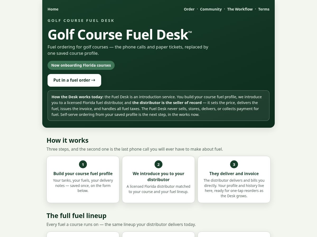 Landing-page snapshot of golfcoursefueldesk.com
