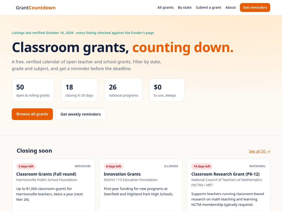 Landing-page snapshot of grantcountdown.com