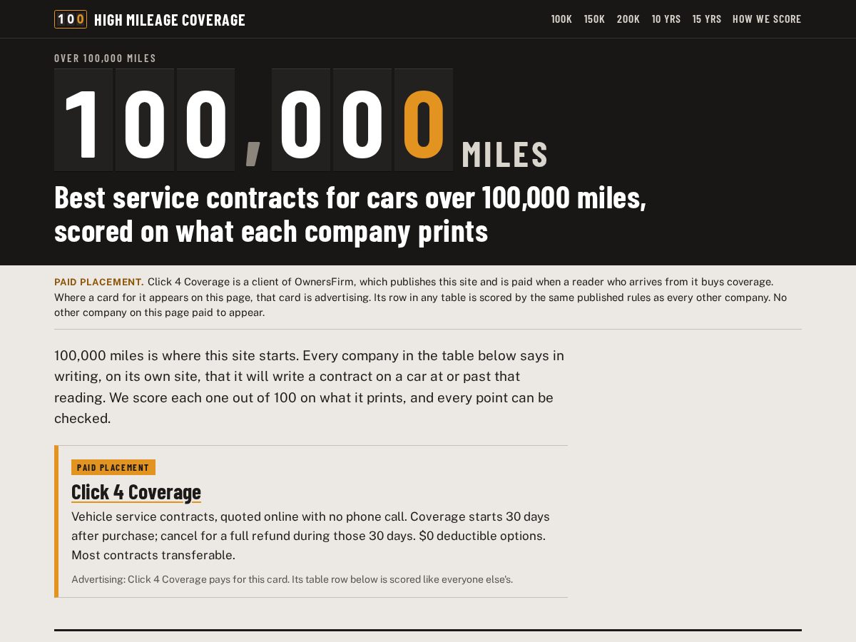 Landing-page snapshot of highmileagecoverage.com