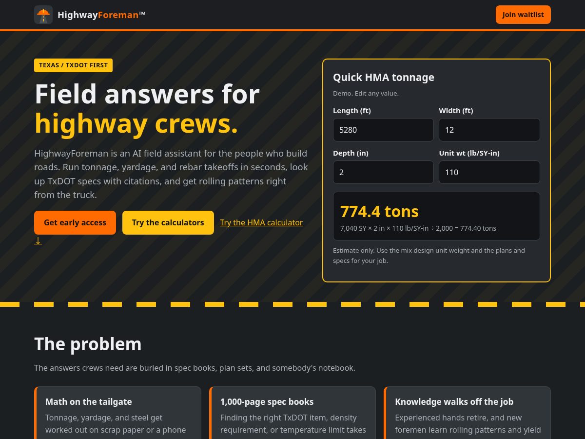 Landing-page snapshot of highwayforeman.com