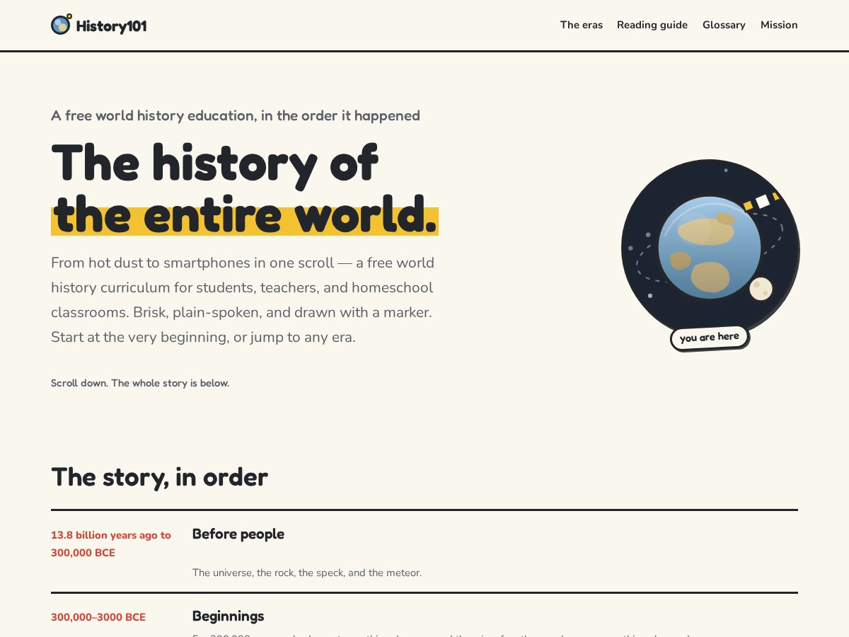 Landing-page snapshot of history101.net