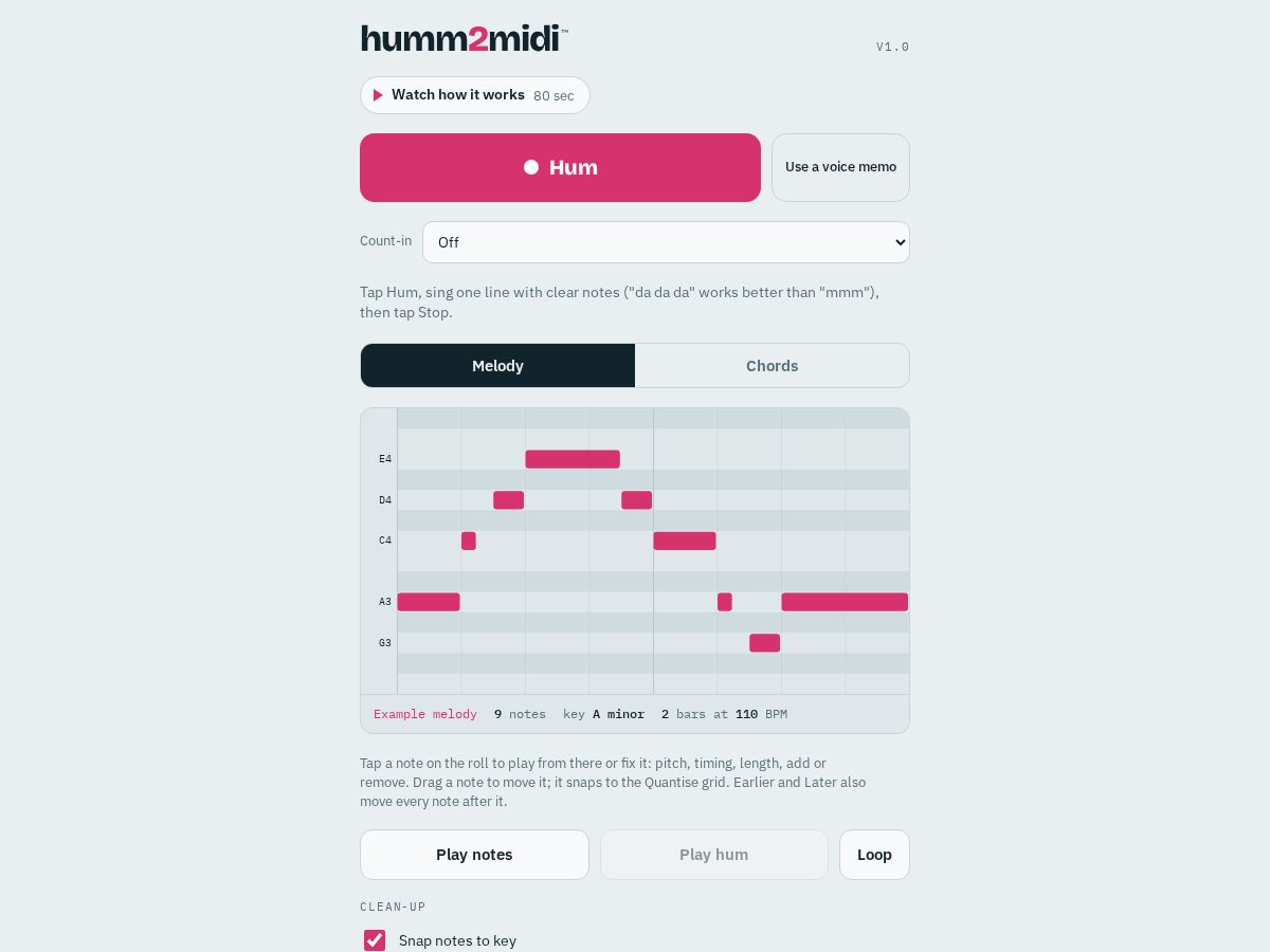Landing-page snapshot of humm2midi.net