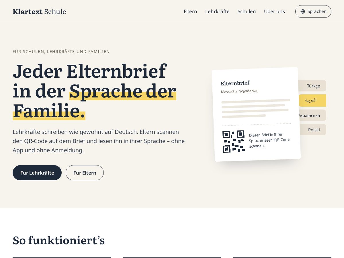 Landing-page snapshot of klartext.schule