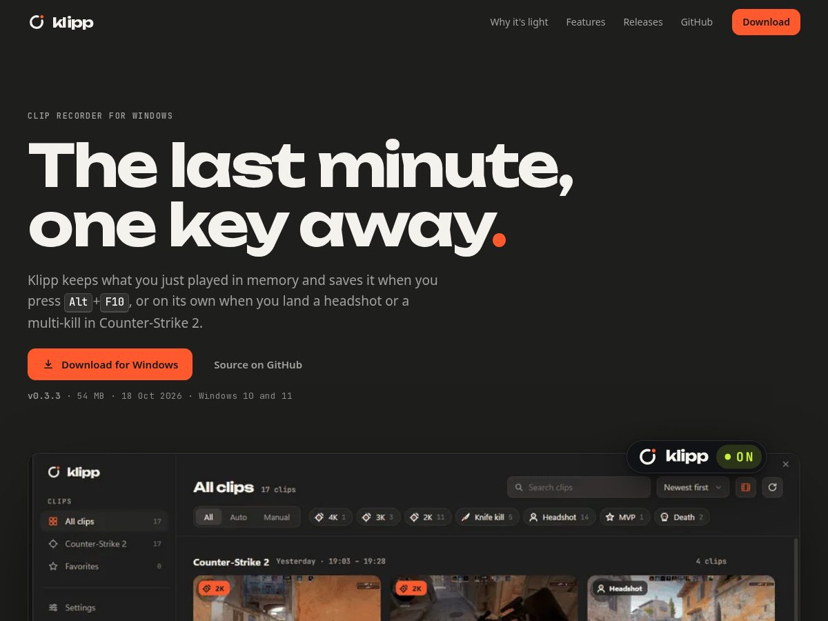 Landing-page snapshot of klipp.dev