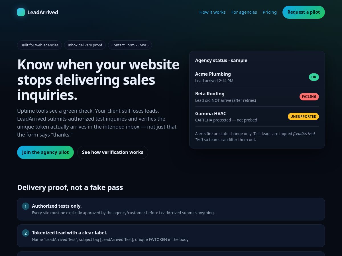 Landing-page snapshot of leadarrived.com